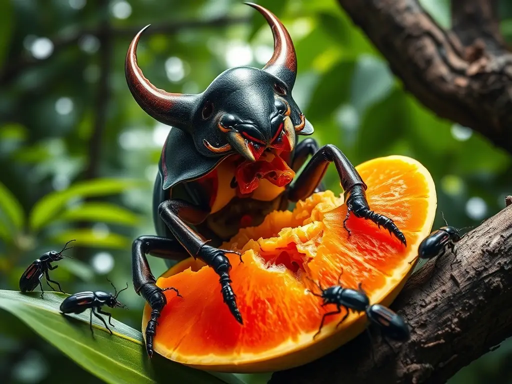Escena fotorrealista de escarabajo rinoceronte y fruta