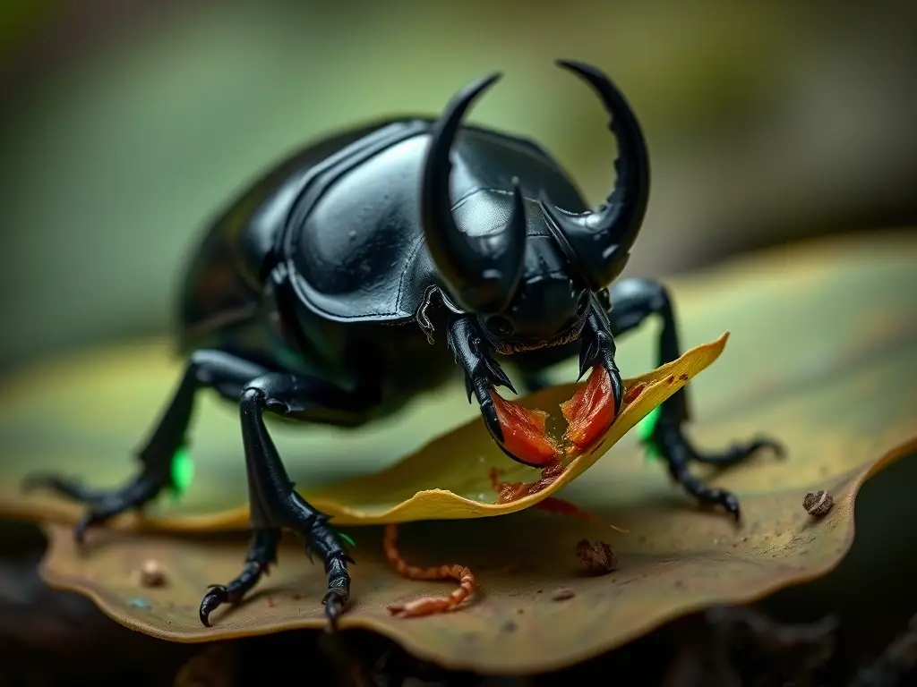 Imagen realista de escarabajo de rhinoceros con biolumiscencia y hoja