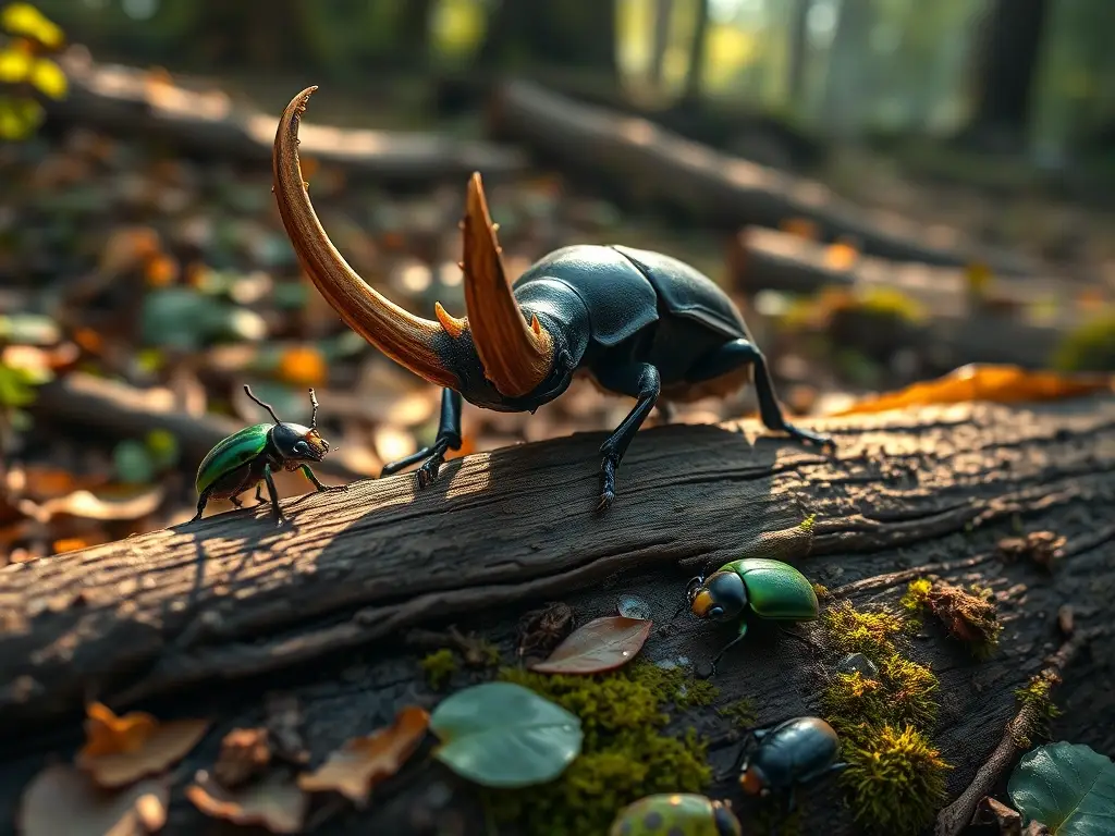 Macro del escarabajo rinoceronte sobre tronco húmedo