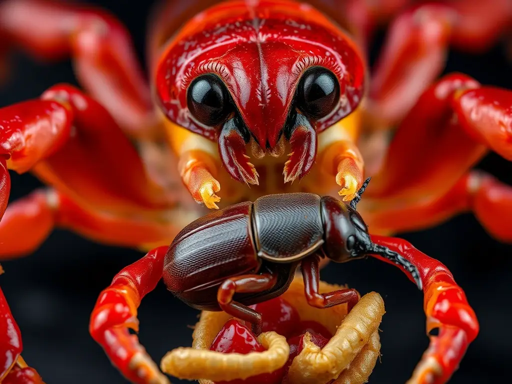 Fotografía realista, 8K, un scorpion rojo disecting una polilla