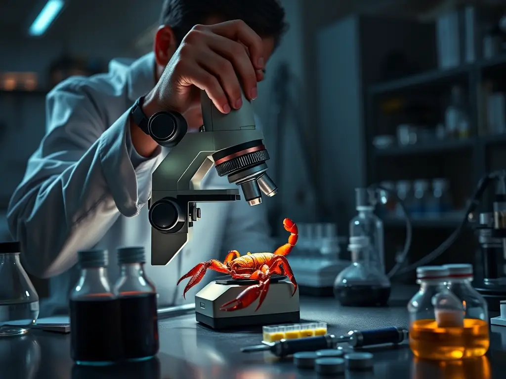 Un científico observa un escarabajo bajo microscopio
