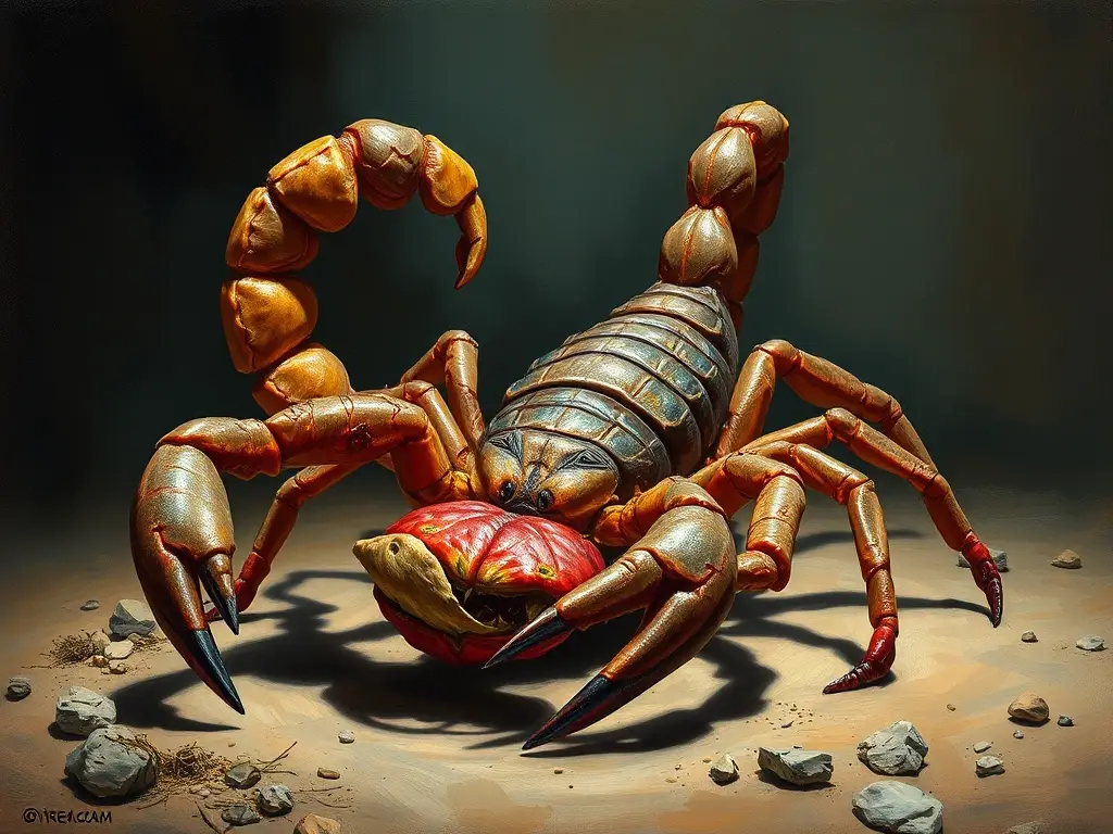 Fotorealista del escorpión de desierto con presa, detalles musculares