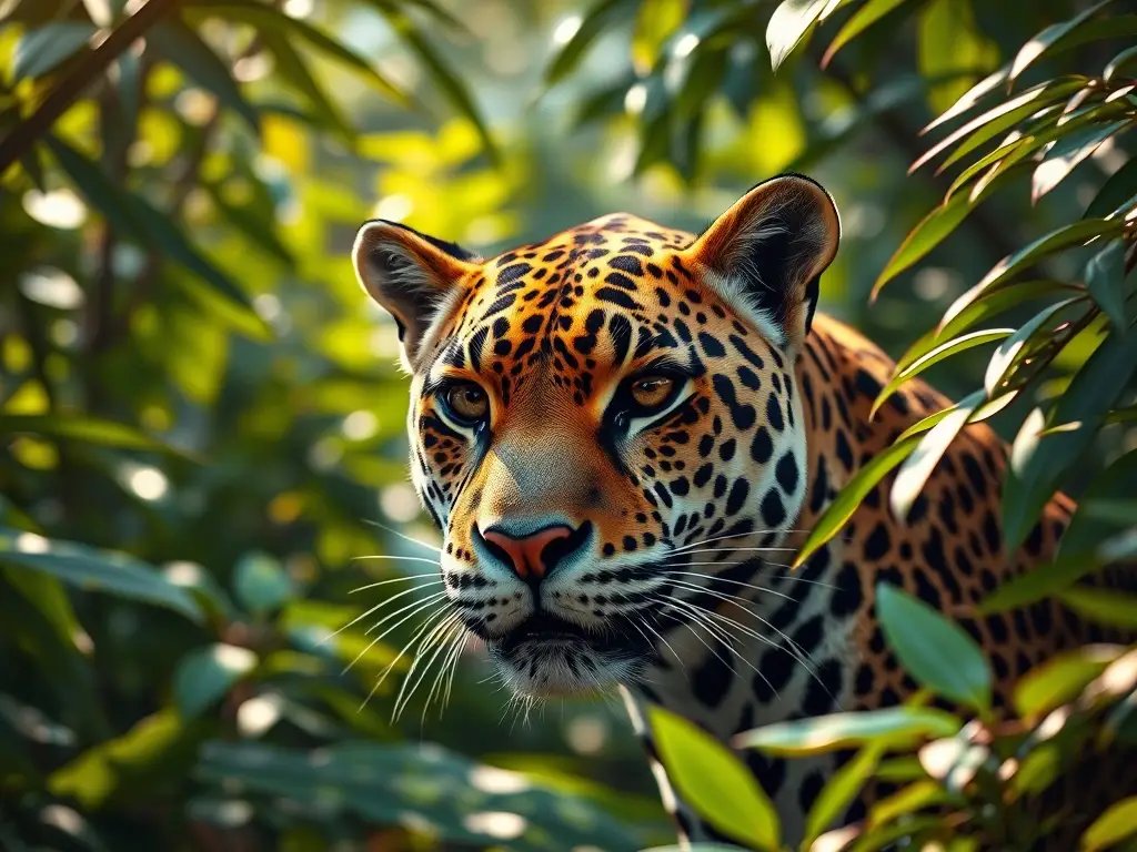 Es un retrato realista fotográfico de un jaguar en una selva primordial