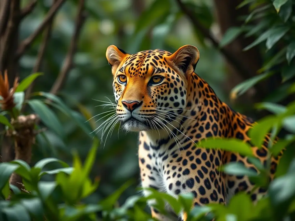 Una fotorealista, detallada, de leopardo en un jungla, sin texto ni logos
