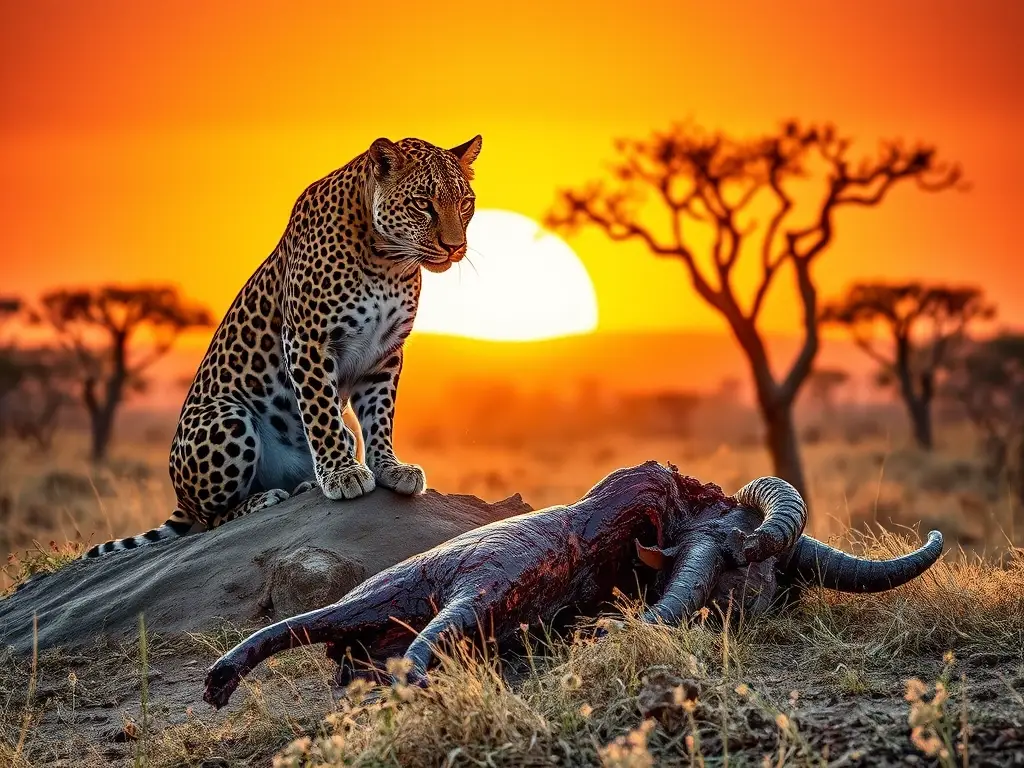 Leopardo vigilando carroña al atardecer
