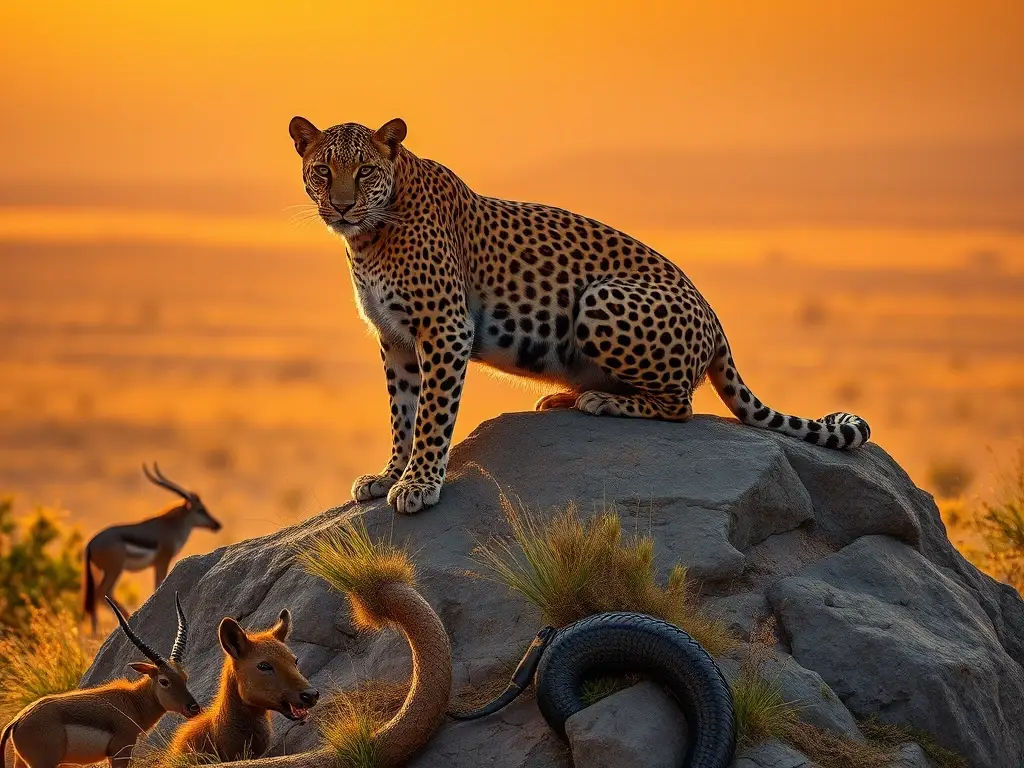 Leopardo majestuoso en sabana al atardecer