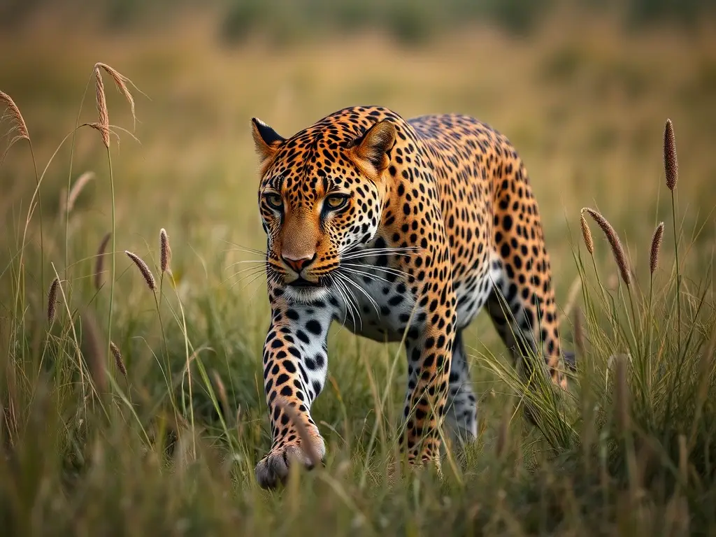 Foto real de un leopardo cazando en la savana africana especificado