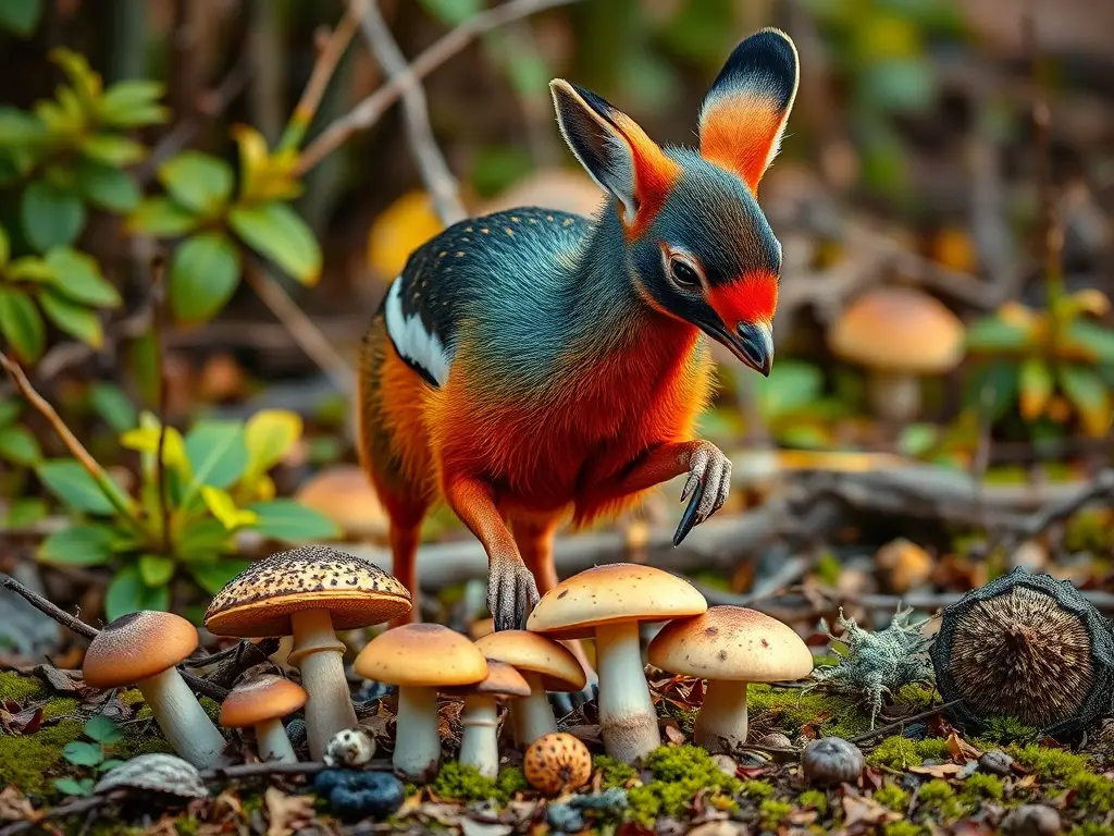 Foto de venado en un bosque, comiendo hongos