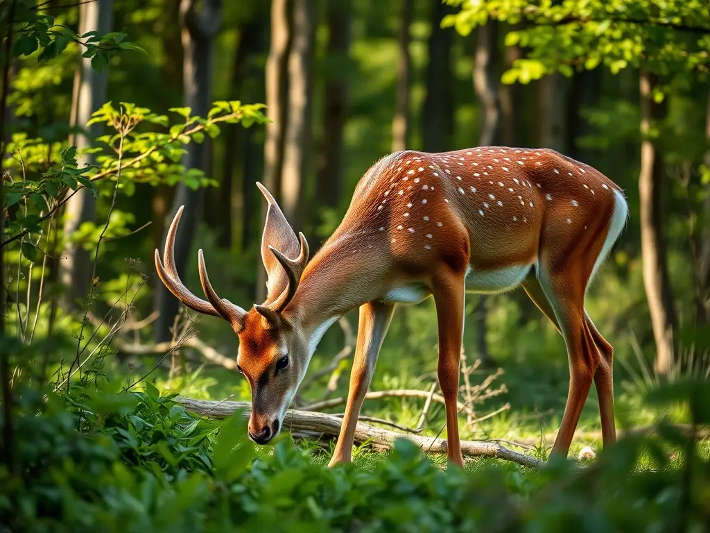 Un retrato realista de ciervo femenino pastando serenamente en un bosque
