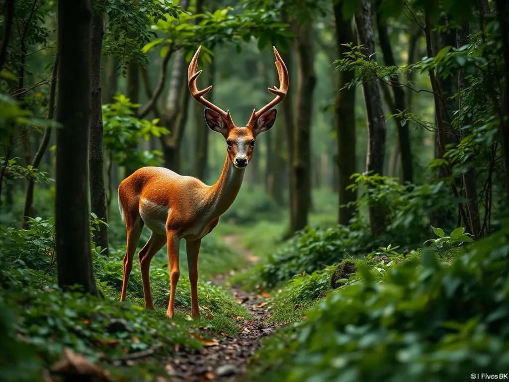 Un venado real en un bosque frondoso, detallado y realista