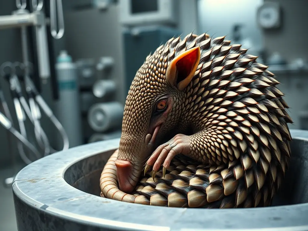 Fotorealista retrato de un armadillo en una clínica veterinaria