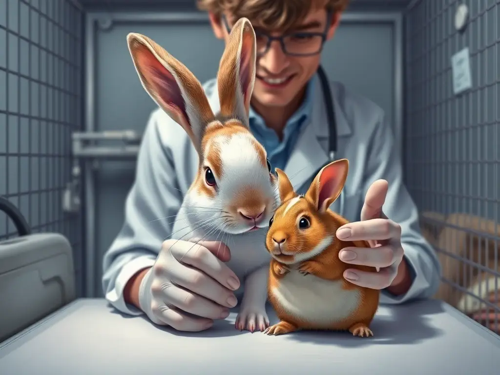 Imagen realista de un veterinario examinando a un conejo y una ardilla en un laboratorio