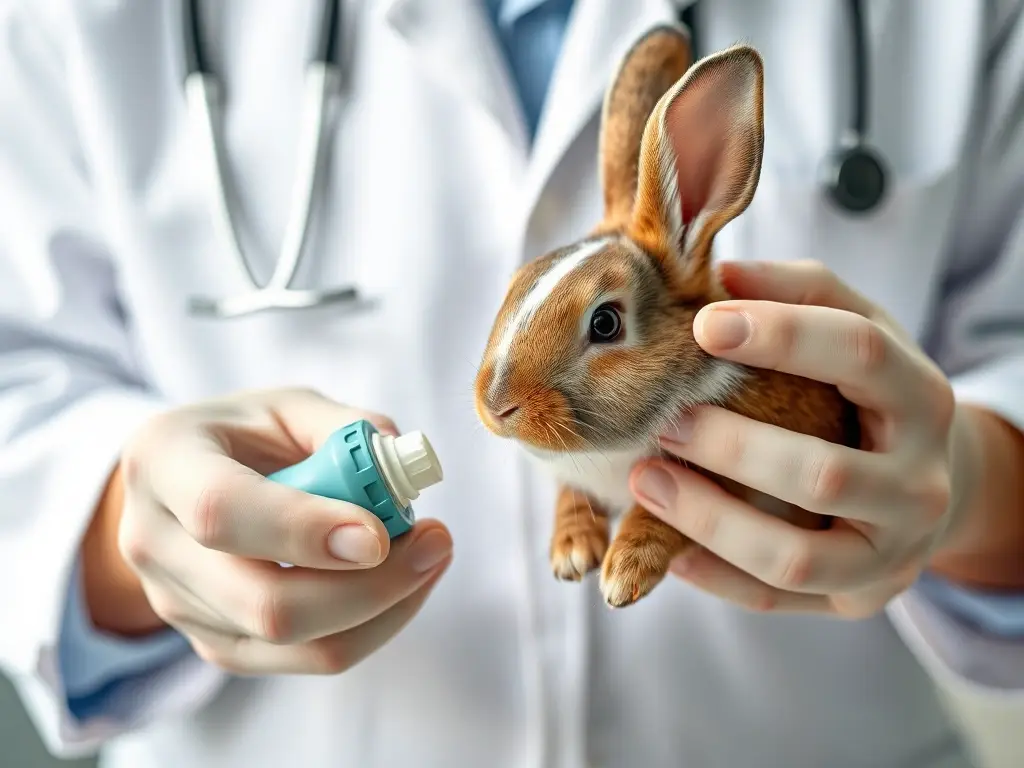 Fotografía realista de un veterinario examinando la orina de un conejo con detalle