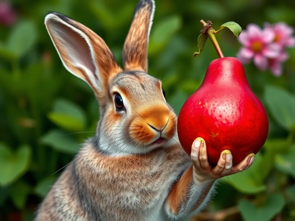 Fotografía realista de conejo comiendo una pera roja, detallada y nítida