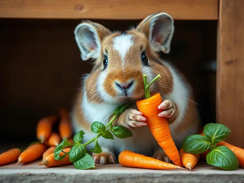Foto real de hutch de conejo con zanahorias y hierbas, foco nítido