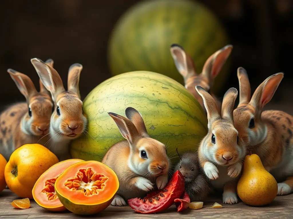 Foto realista de una familia de conejos comiéndose melocotón y otros frutos