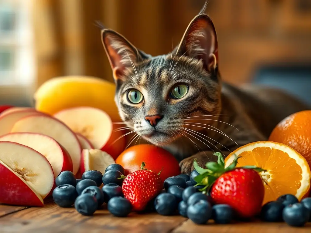 Gato sobre mesa con frutas vibrantes