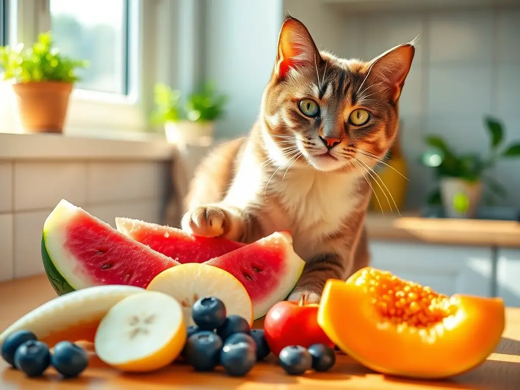 Gato en encimera, rodeado de fruta fresca