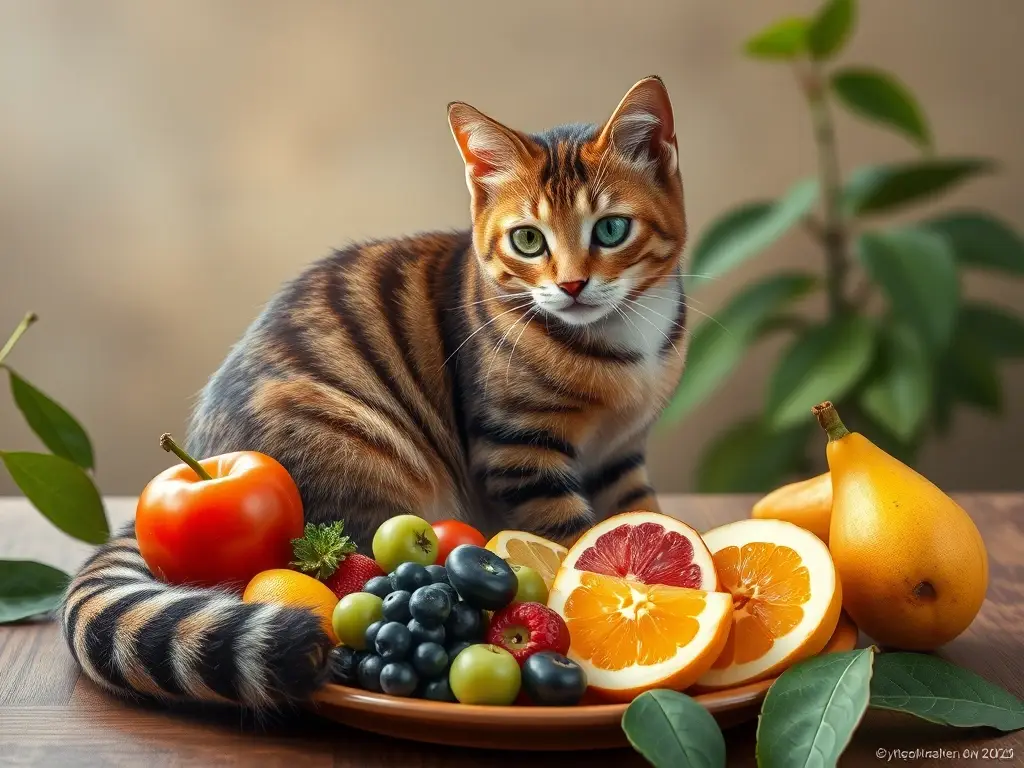 Ilustración realista de un gato con frutas en un entorno natural