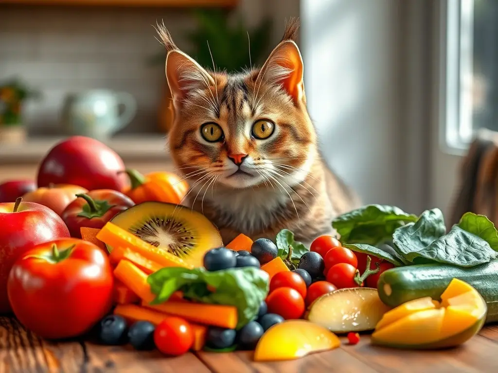 Gato curioso sobre mesa con frutas coloridas