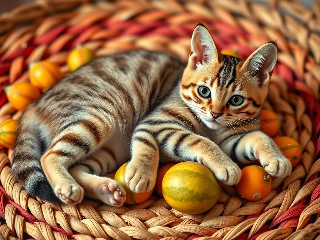 Foto realista de un gato tabby relajado en una alfombra de podos