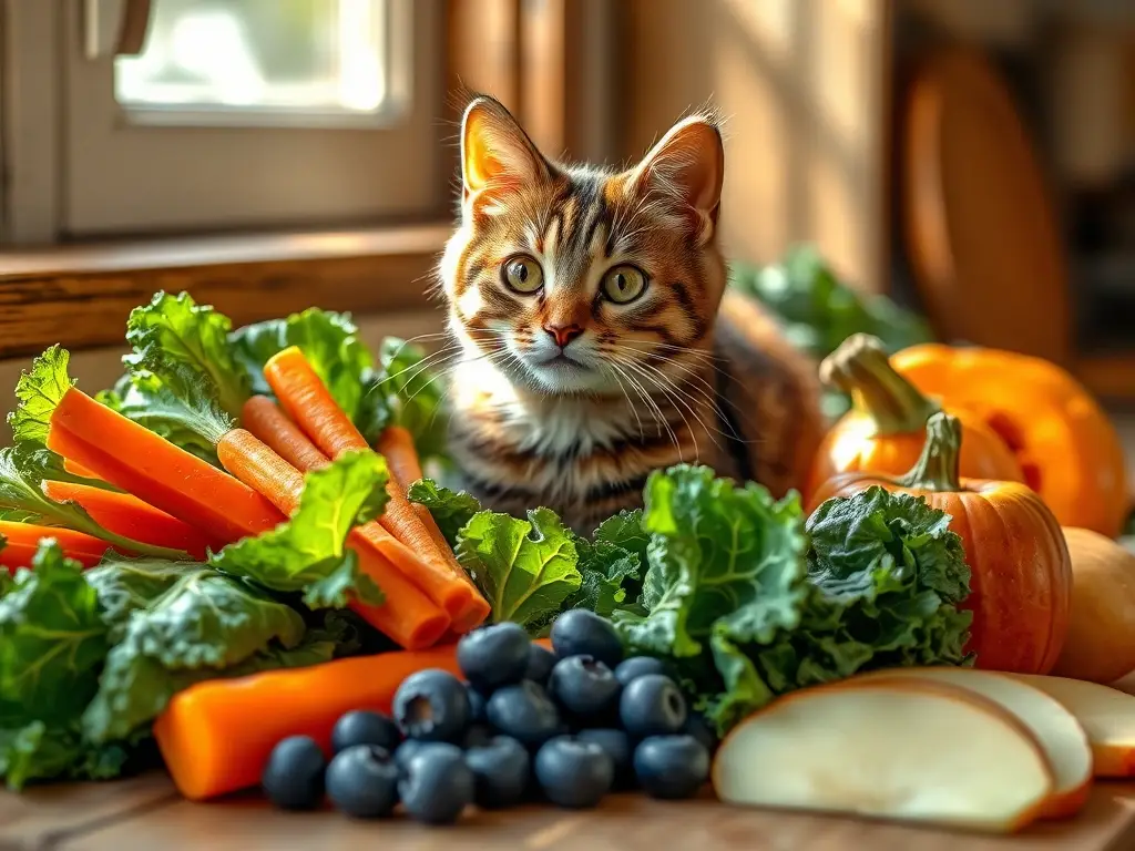 Gato curioso en encimera con verduras