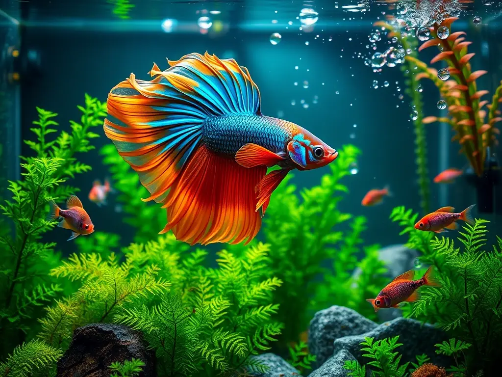 Acuario fotorealista con betta y peces