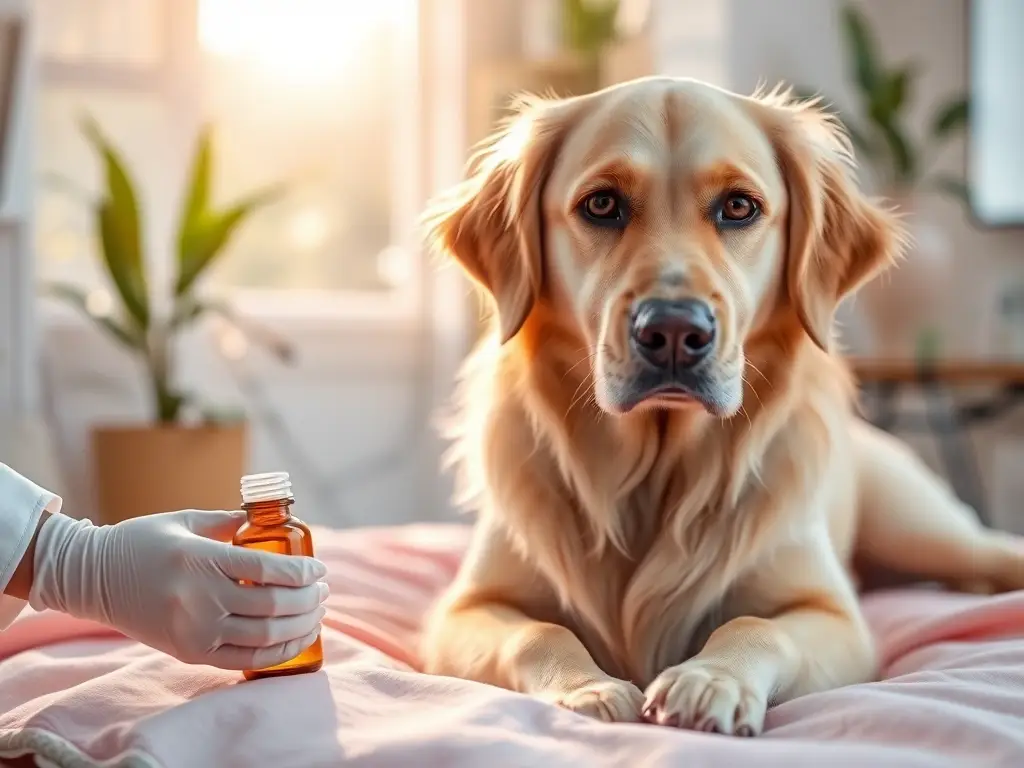 Golden retriever tranquila recibe suplemento veterinario