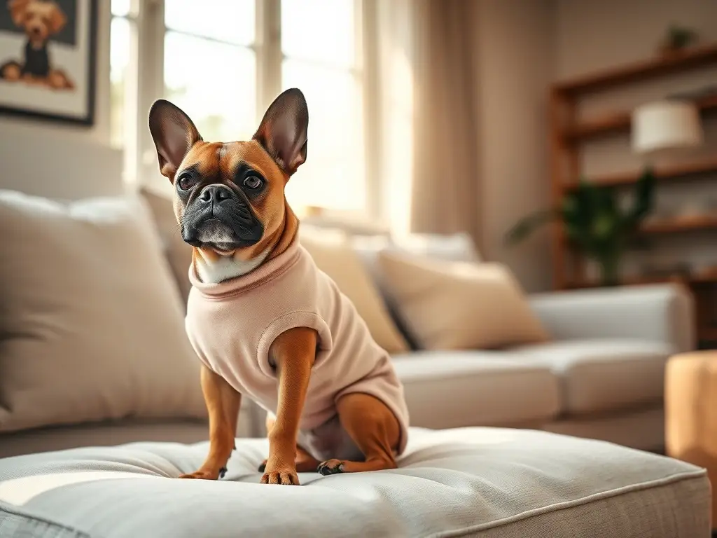 Perro pequeño y elegante con ropa pastel