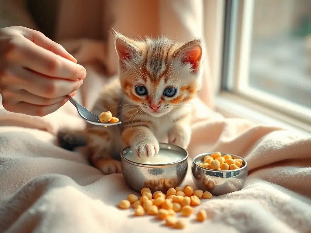 Gatito adorable alimentado en manta pastel