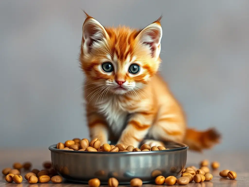 Una fotografía realista de un gatito tabby dorado, majestuoso sobre un plato de comida para gatunos