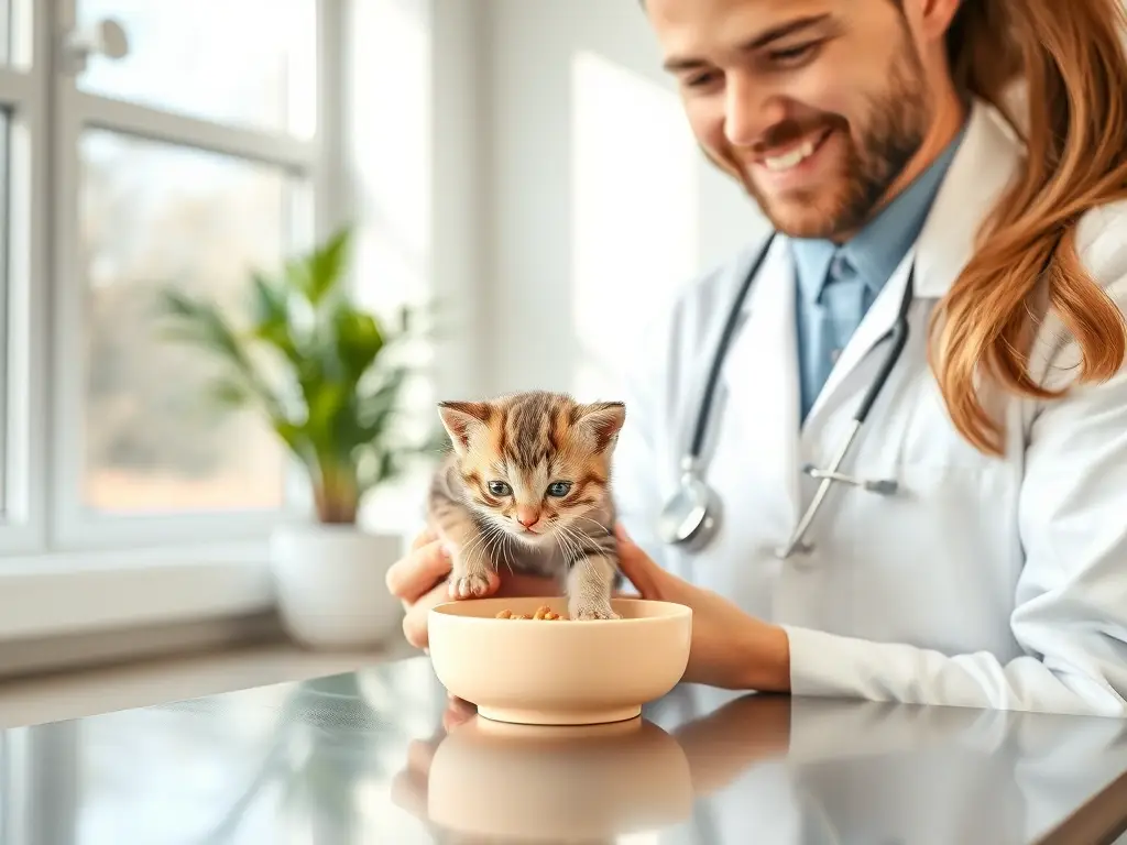 Veterinario sostiene gatito probando comida