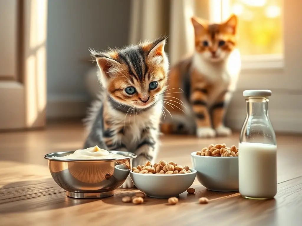 Portada fotorrealista de gatito comiendo con madre