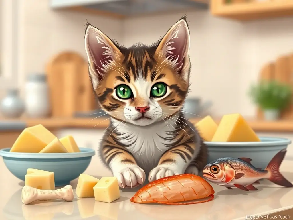 Fotorealista de un gatito tabby majestuoso rodeado de comida deliciosa