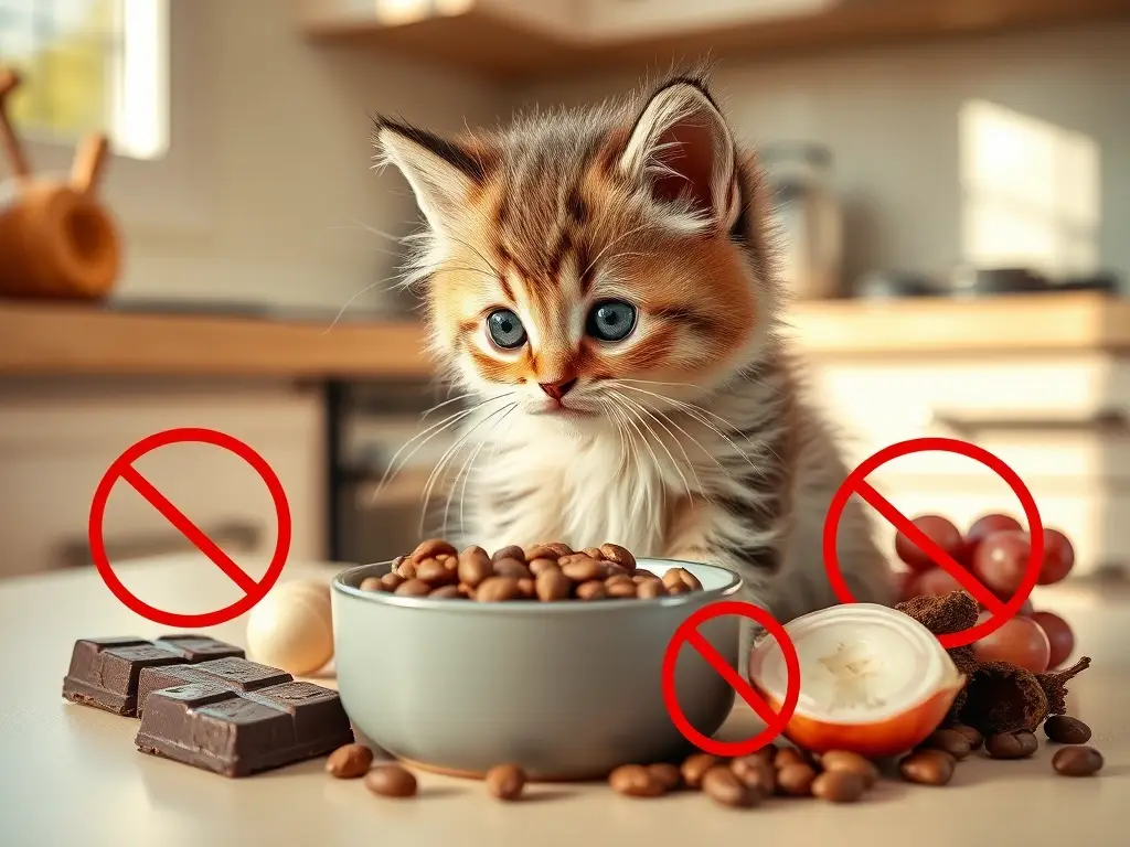 Gatito adorable observa comida, alimentos prohibidos alrededor