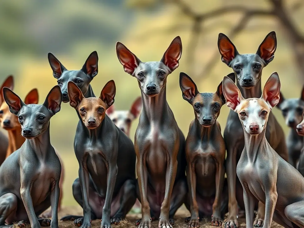 Fotografía realista de perros mestizos sin pelo mexicanos en un entorno natural
