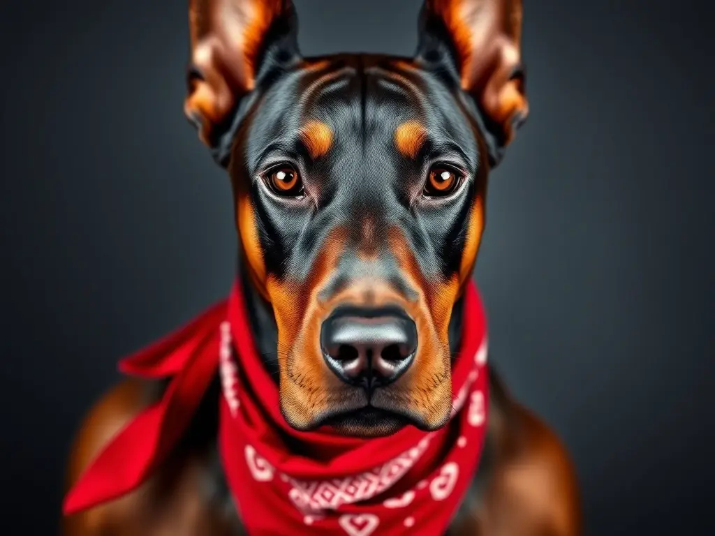 Fotografía realista de Doberman con pañuelo rojo, mirada astuta