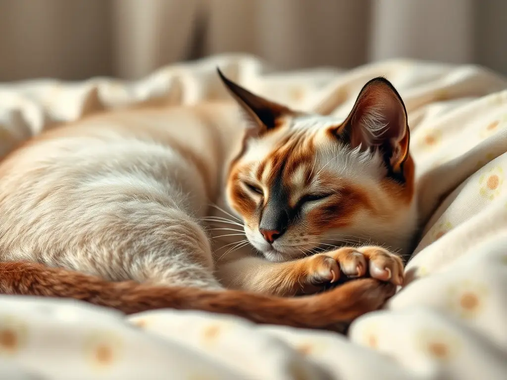 Photorealistic Siamese cat in a cozy bed, content and relaxed