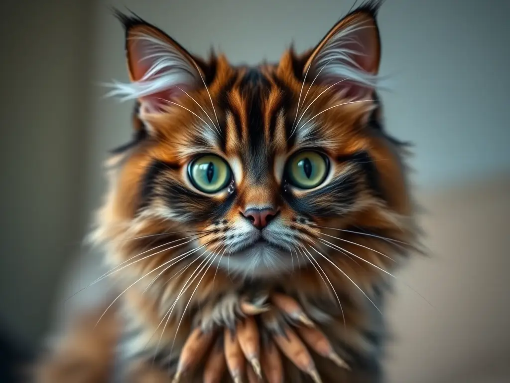 Imagen realista de un gato marrón y negro, angustiado, de alta calidad