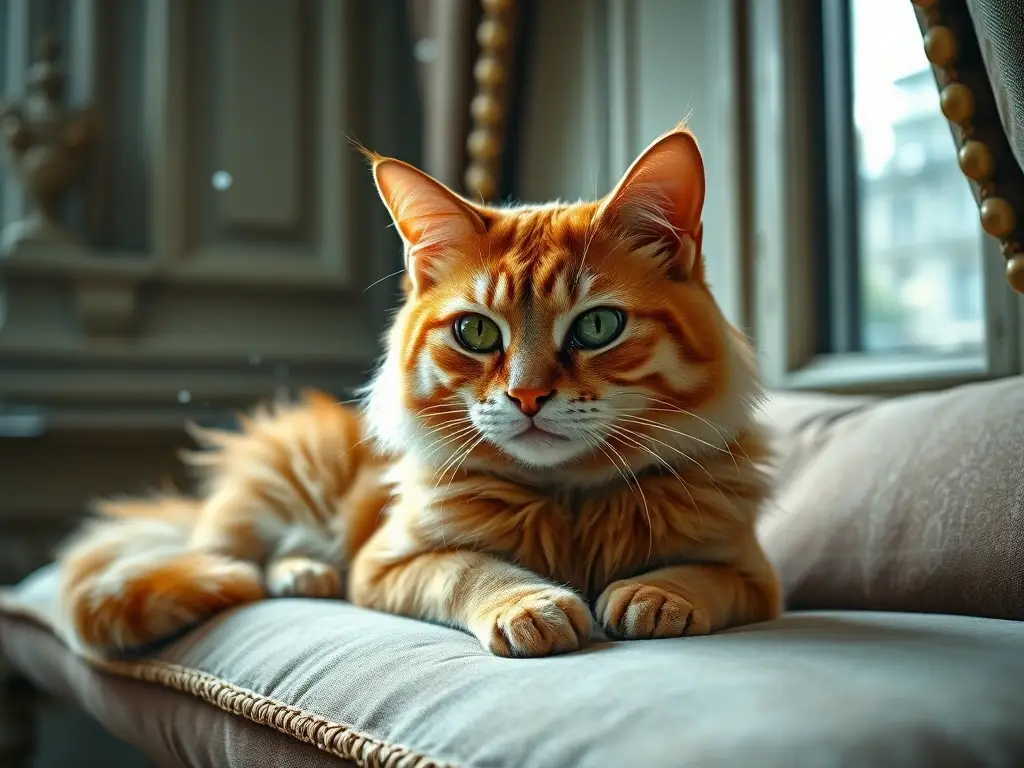 Foto realista de un gato tabby majestuoso con ojos verdes en un cojín de terciopelo parisino