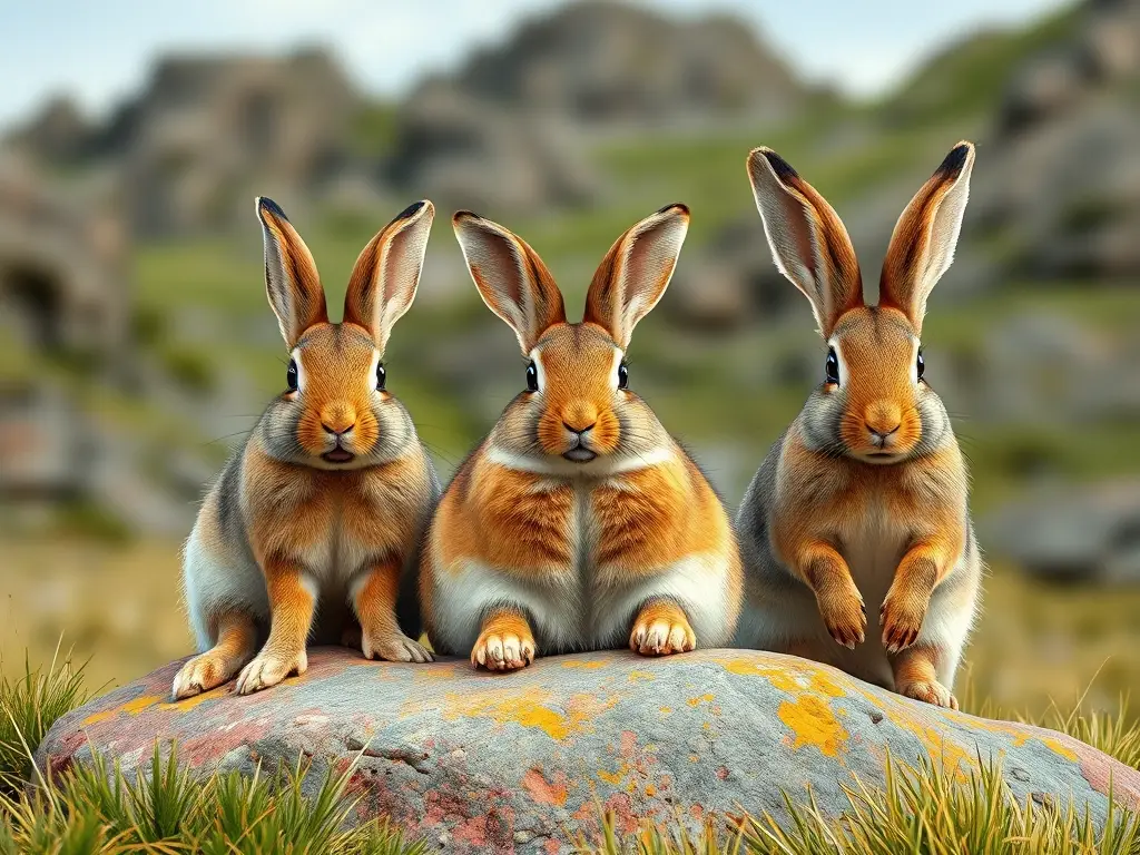 Ilustración realista de tres lagomorfos (conejo, pikas y liebre) en un paisaje
