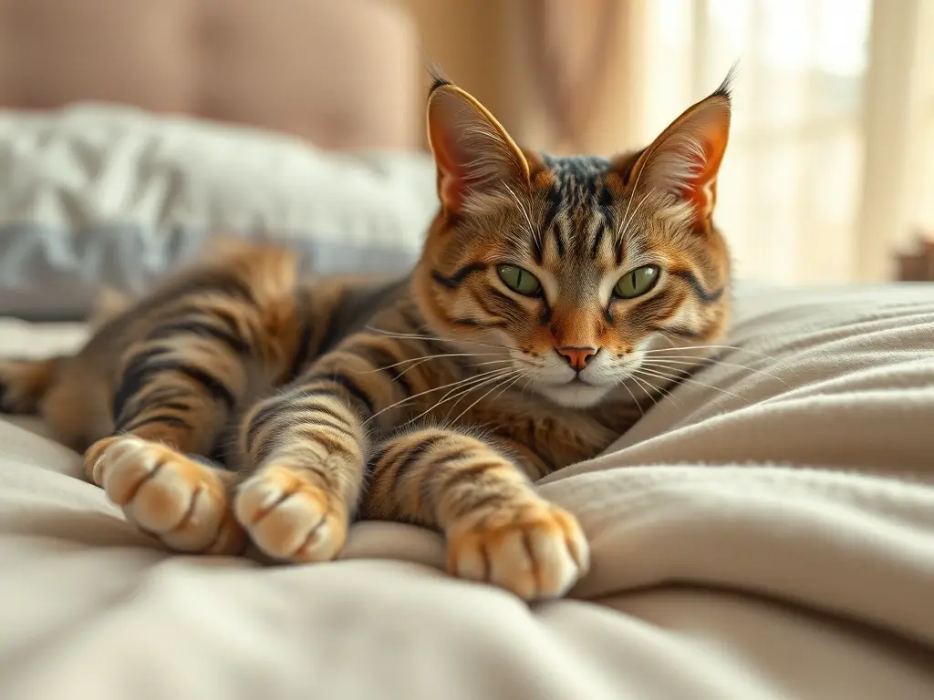 Imagen realista de un gato doméstico en una cama suave