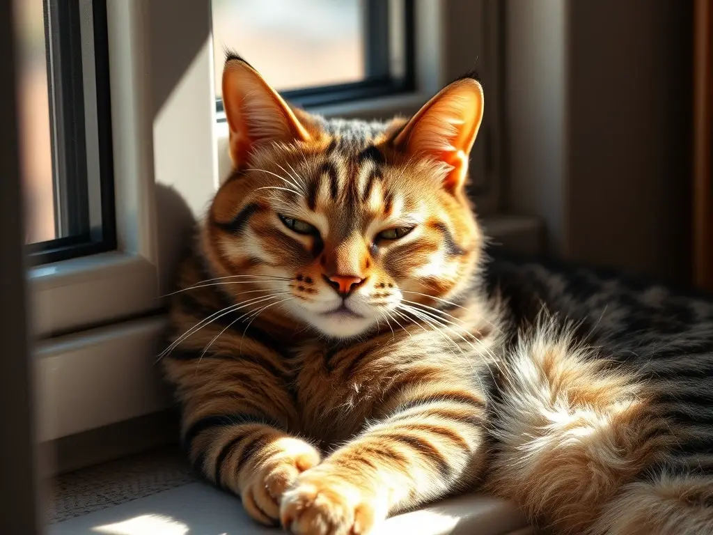 Es una fotografía realista y hermosa de un gato tabby descansando en un sillón