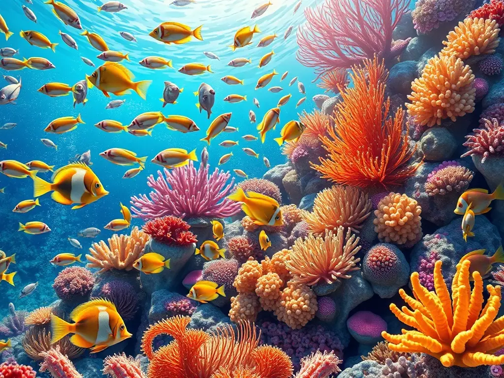 Ilustración fotográfica realista de un arrecife vibrante y lleno de vida