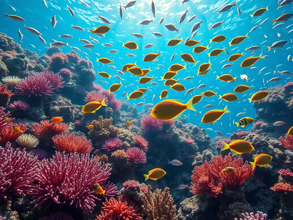 Un coral vibrante con peces de colores en una escena oceánica realista