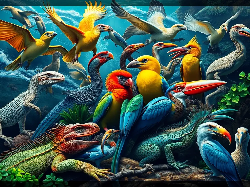 Foto realista de reptiles y aves acuáticas vibrantes