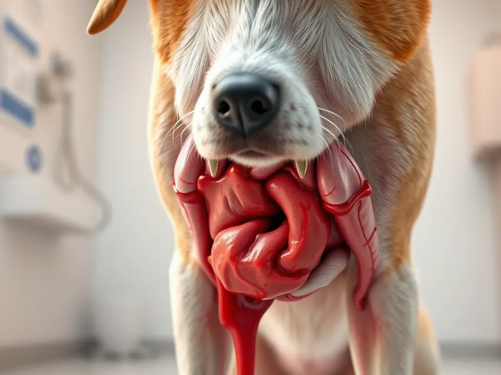 Imagen fotográfica realista de un perro con sangrado rectal en una clínica