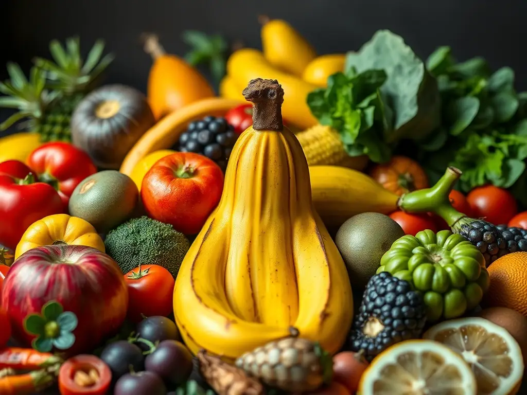 Fotorealista de frutas y verduras, enfocado en plátano maduro
