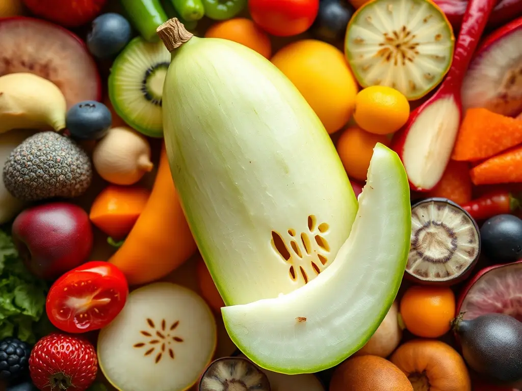 Imagen realista de jicama con frutas y verduras, desenfocada en la textura