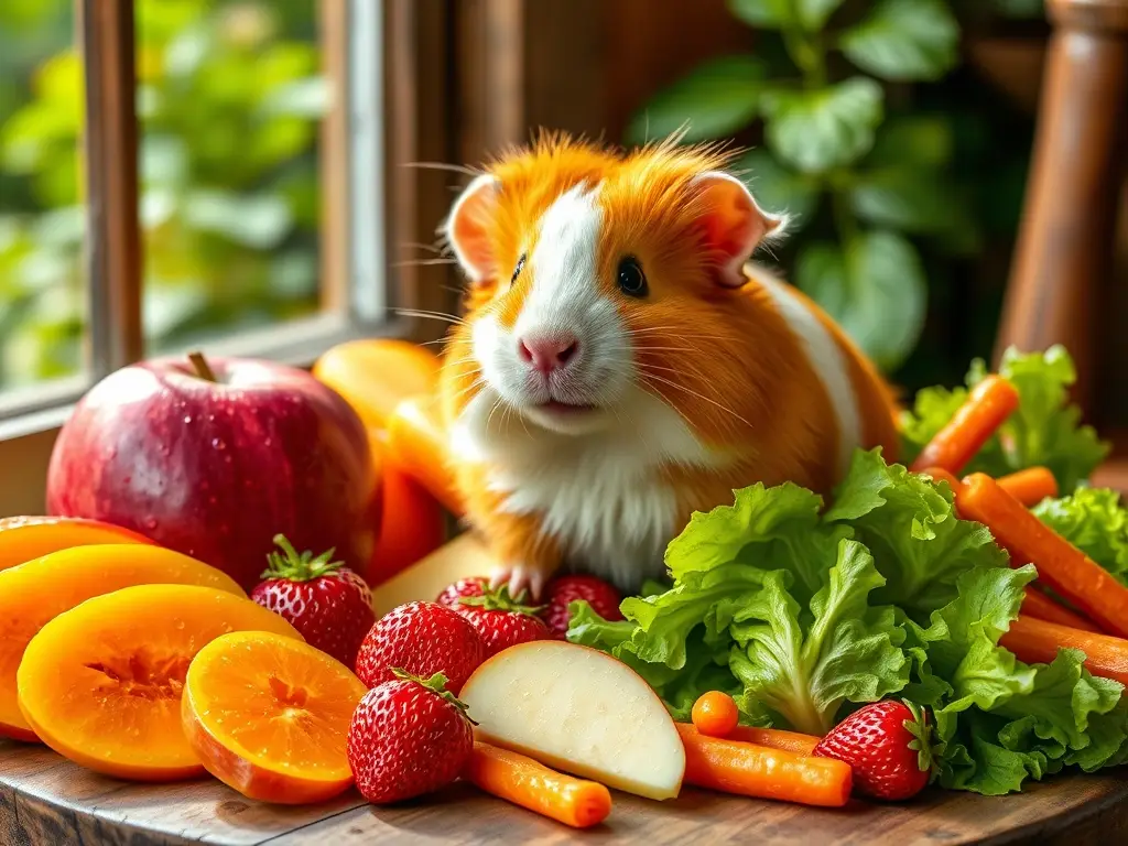 Cobaya feliz sobre mesa con frutas frescas